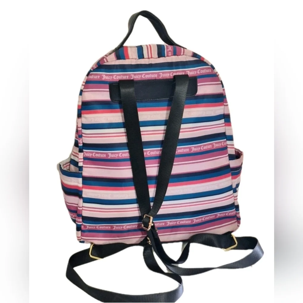 Juicy Couture Wild Heart Striped Full Size Backpack Gold Hardware Goth Text EUC